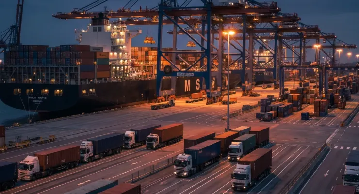 Cargo port terminal at night featuring shipping containers, cranes, and a line of logistics trucks.