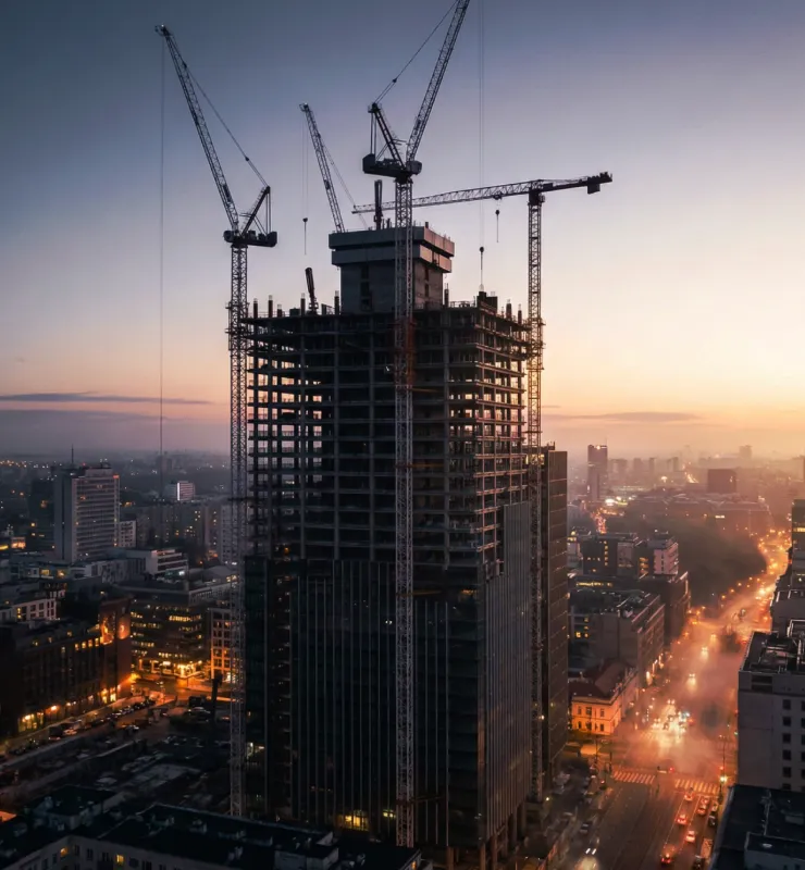 Skyscraper construction site at sunset with tall tower cranes silhouetted against a city skyline.