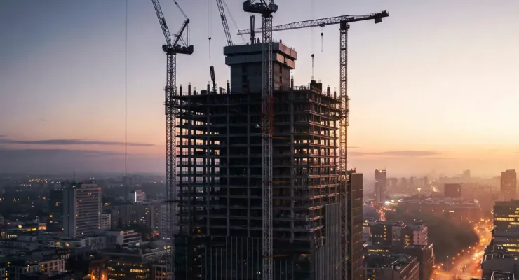 Skyscraper construction site at sunset with tall tower cranes silhouetted against a city skyline.