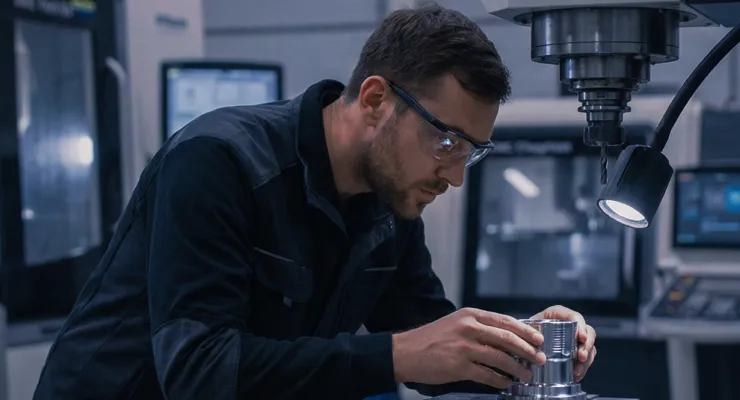 Manufacturing worker inspecting a metal part on a CNC milling machine in a precision engineering workshop.