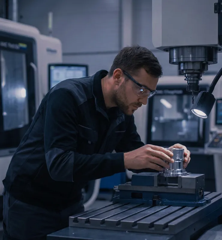 Manufacturing worker inspecting a metal part on a CNC milling machine in a precision engineering workshop.