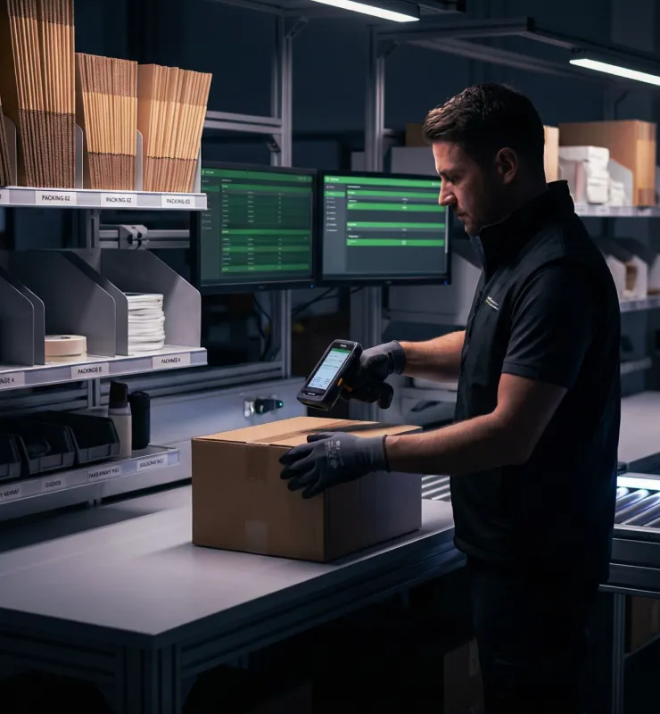 Warehouse employee scanning a package barcode using a handheld terminal in a logistics center.