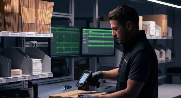 Warehouse employee scanning a package barcode using a handheld terminal in a logistics center.