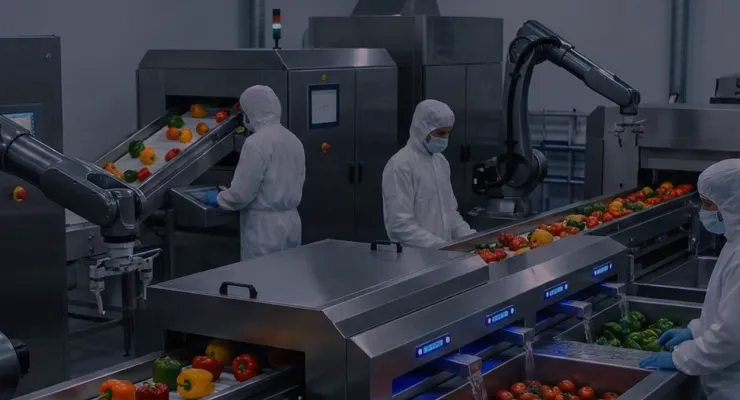 Workers in sterile gear monitoring an automated vegetable sorting and washing line for peppers and tomatoes in a food factory.