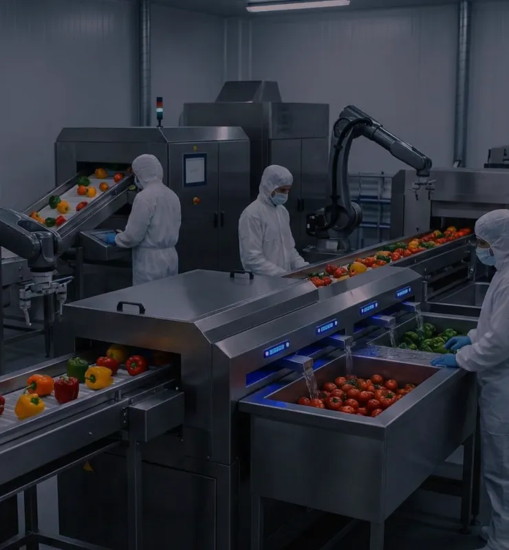 Workers in sterile gear monitoring an automated vegetable sorting and washing line for peppers and tomatoes in a food factory.