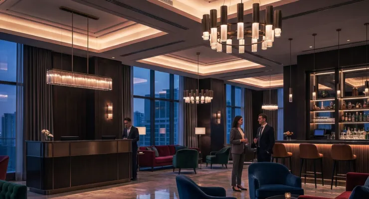 Interior of a luxury hotel lobby featuring a modern bar area and business people having a conversation.