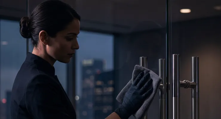 A professional cleaner in a uniform wiping a glass door handle with a microfiber cloth in a modern office at night.