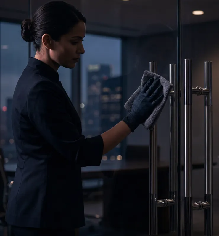 A professional cleaner in a uniform wiping a glass door handle with a microfiber cloth in a modern office at night.
