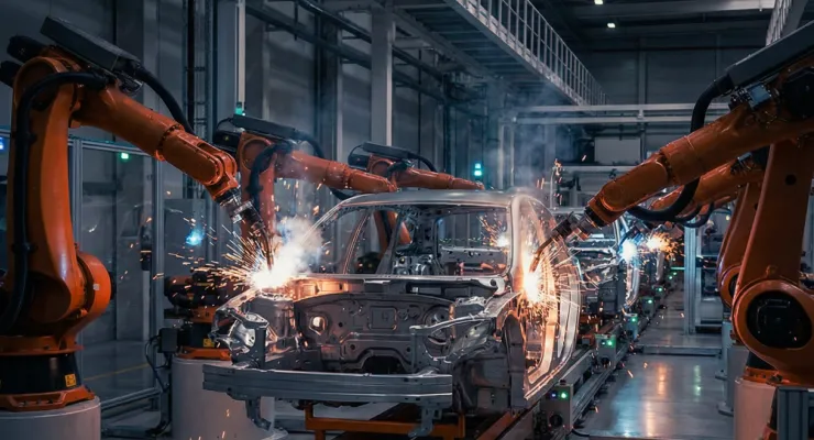 Industrial robotic arms welding a car chassis on an automated assembly line with sparks flying.