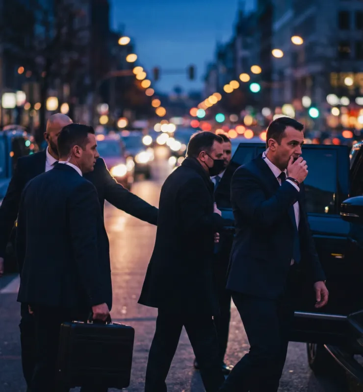 Professional security guards in suits protecting a VIP entering a black car on a busy city street at night.