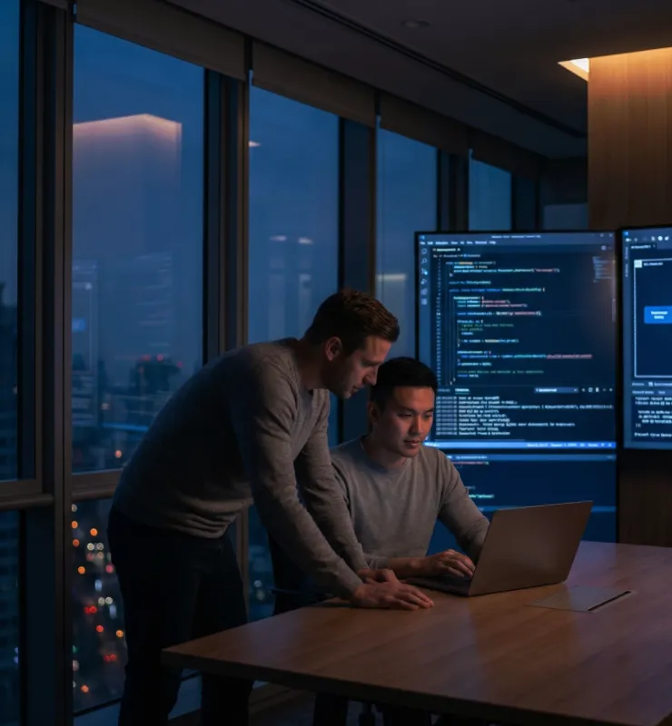 Two software developers collaborating on code at a laptop in a high-rise office with large monitors and a city view at night.