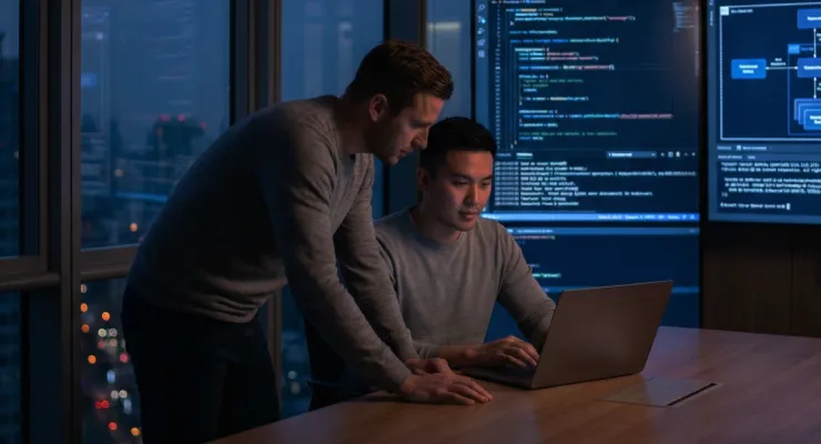 Two software developers collaborating on code at a laptop in a high-rise office with large monitors and a city view at night.