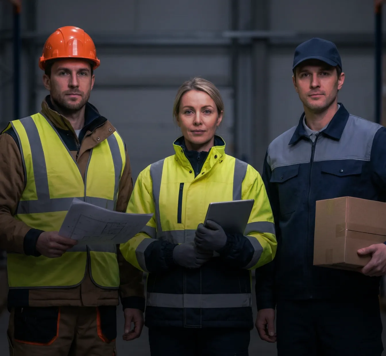 Logistics team standing in a warehouse: a man in a hard hat holding blueprints, a female supervisor with a tablet, and a worker holding a cardboard package.