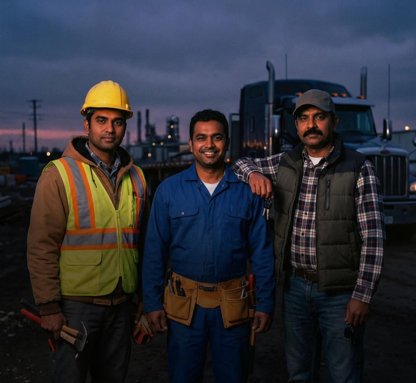 Three workers standing in front of a semi-truck at twilight: a construction worker in a yellow vest, a mechanic in blue coveralls, and a truck driver holding keys.