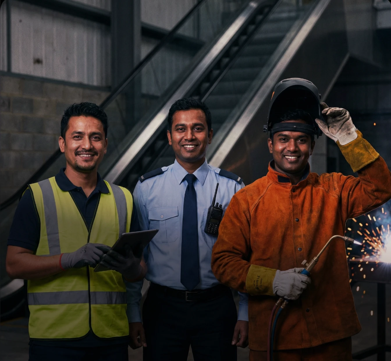 Industrial team portrait indoors: a supervisor holding a tablet, a uniformed security guard with a radio, and a welder in orange protective gear holding a torch.