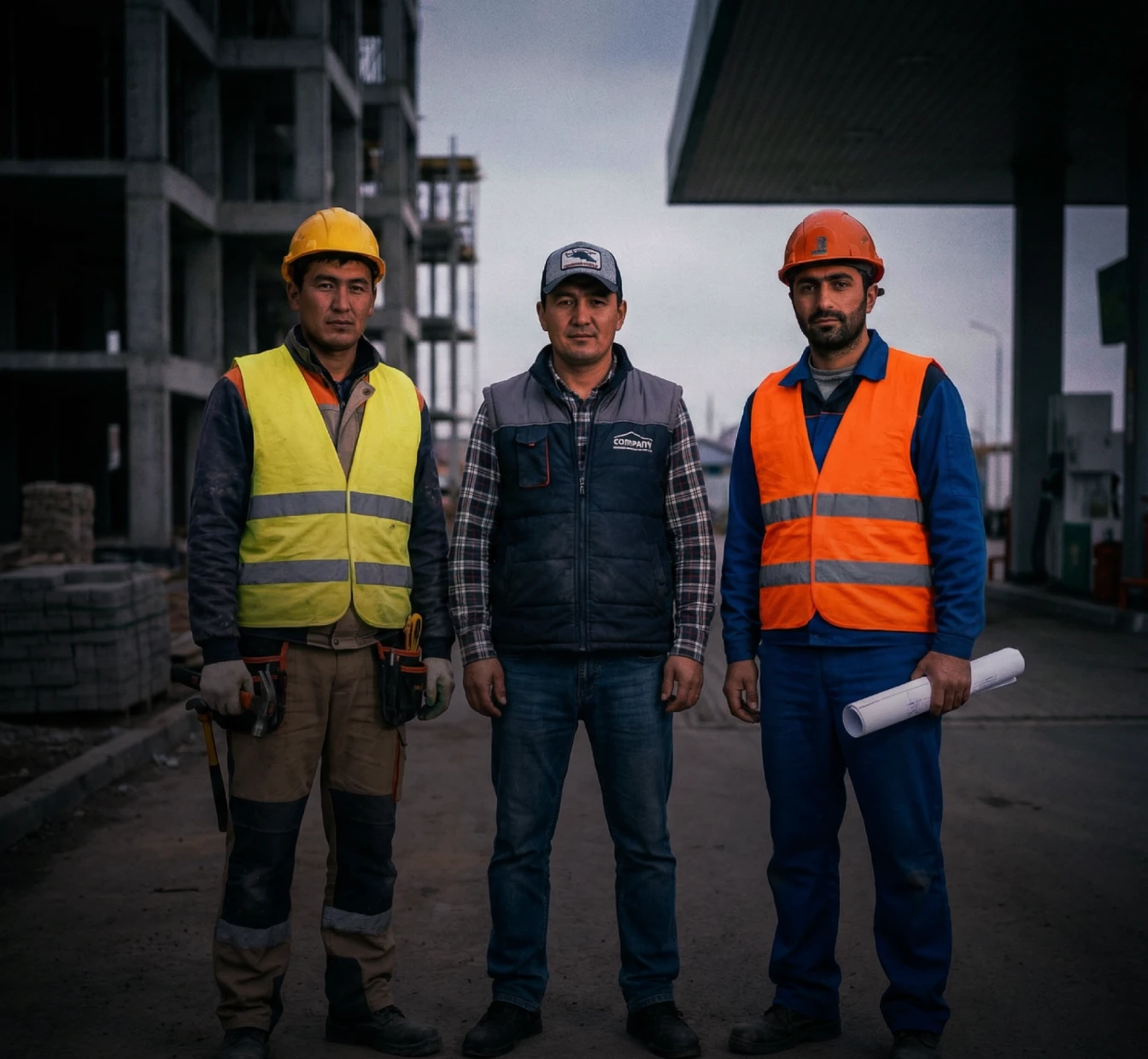 Three construction professionals standing outdoors: a worker with a yellow hard hat and hammer, a site foreman, and an engineer in an orange vest holding rolled blueprints.