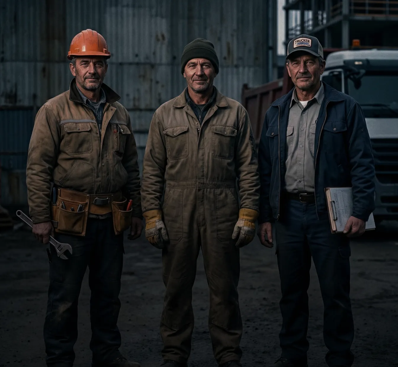 Portrait of three experienced workers at an industrial site: a construction worker with a wrench and tool belt, a mechanic in coveralls, and a truck driver holding a clipboard.