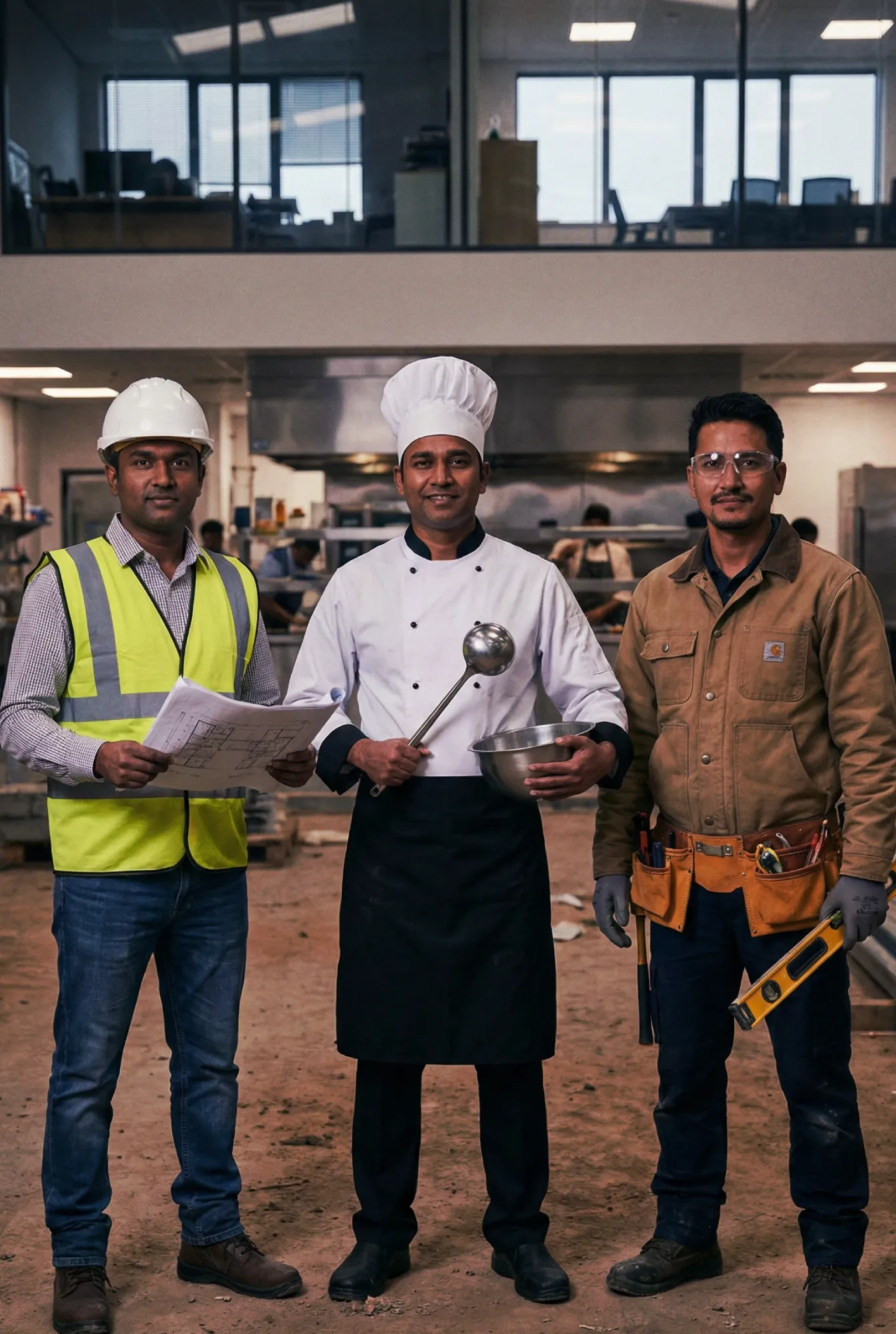 A team preparing for a restaurant opening: a civil engineer with blueprints, a chef in uniform holding a ladle and bowl, and a construction worker with a tool belt and spirit level.