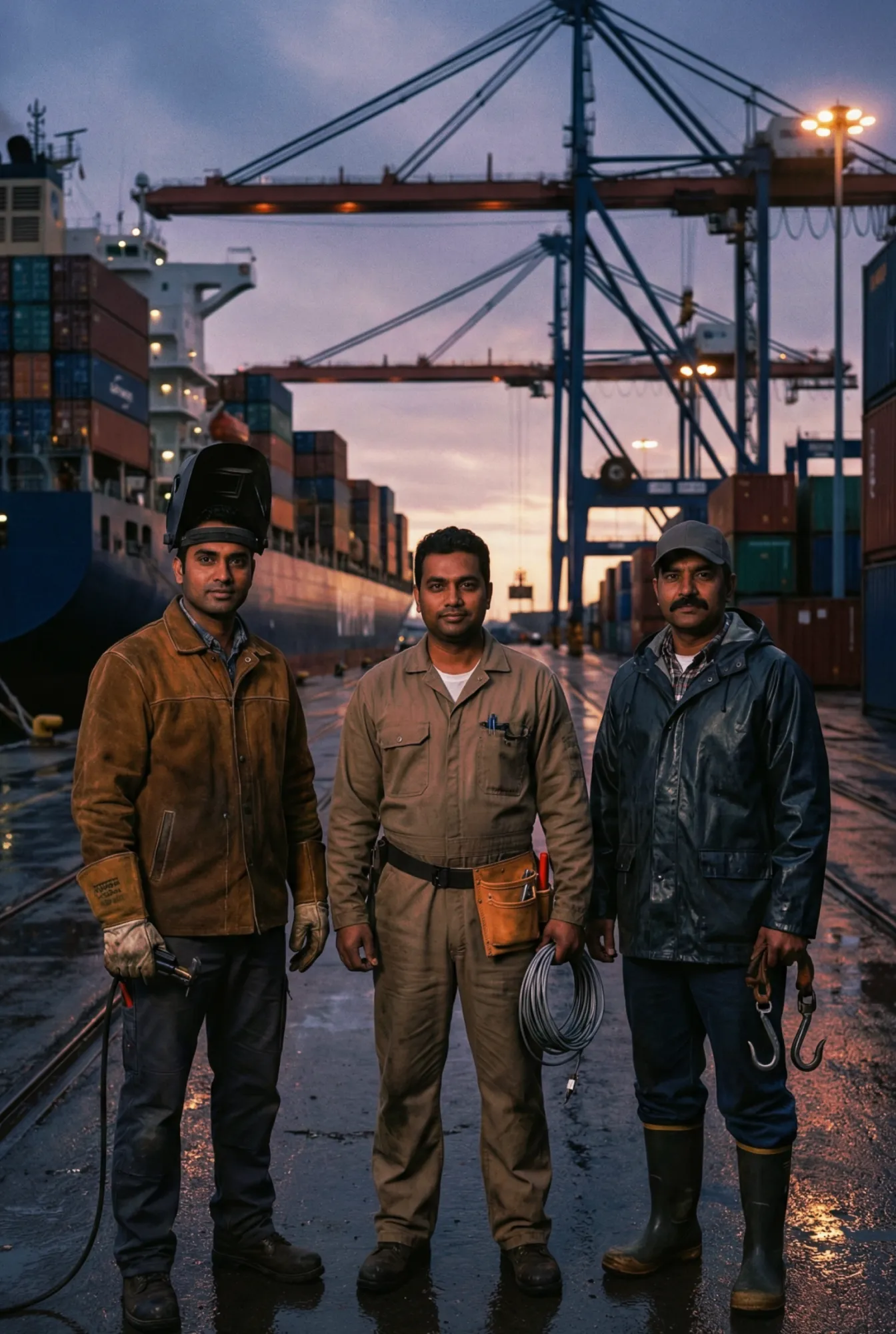 Three dock workers standing at a shipping container terminal at dusk: a welder with a protective mask, a foreman with a cable coil, and a docker in a raincoat holding hooks.