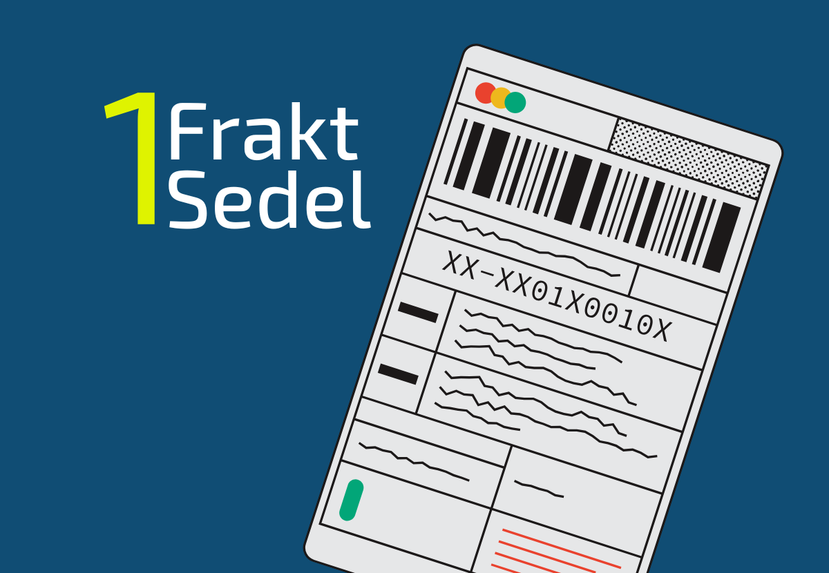 Illustration of a shipping label with a barcode and alphanumeric code on a blue background next to the text '1 Frakt Sedel'.