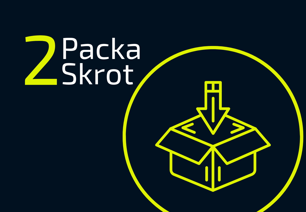 Yellow outlined open box with a downward arrow above, next to text '2 Packa Skrot' on dark background.