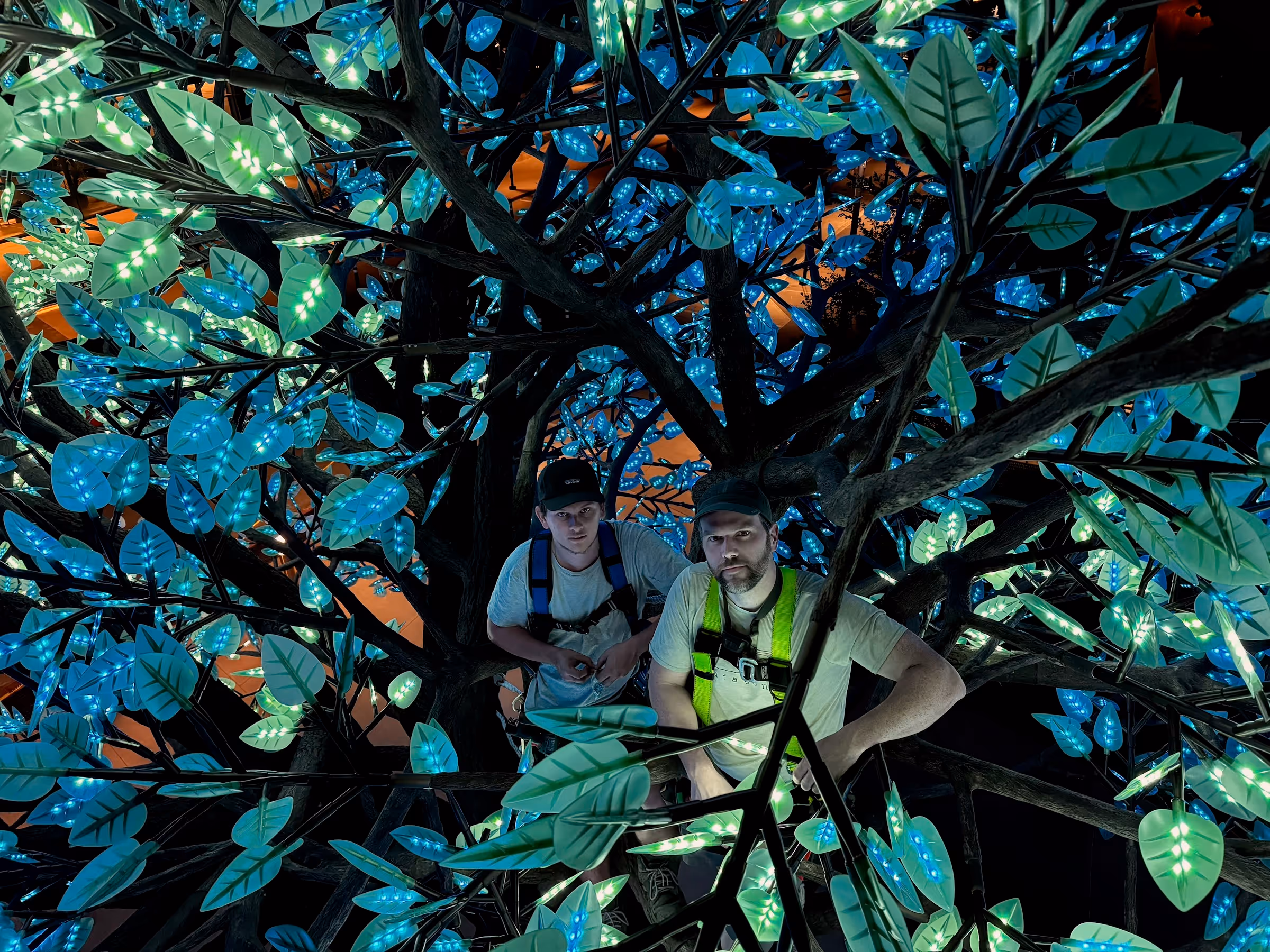 Two men wearing safety harnesses standing inside a structure with illuminated blue and green LED leaves.