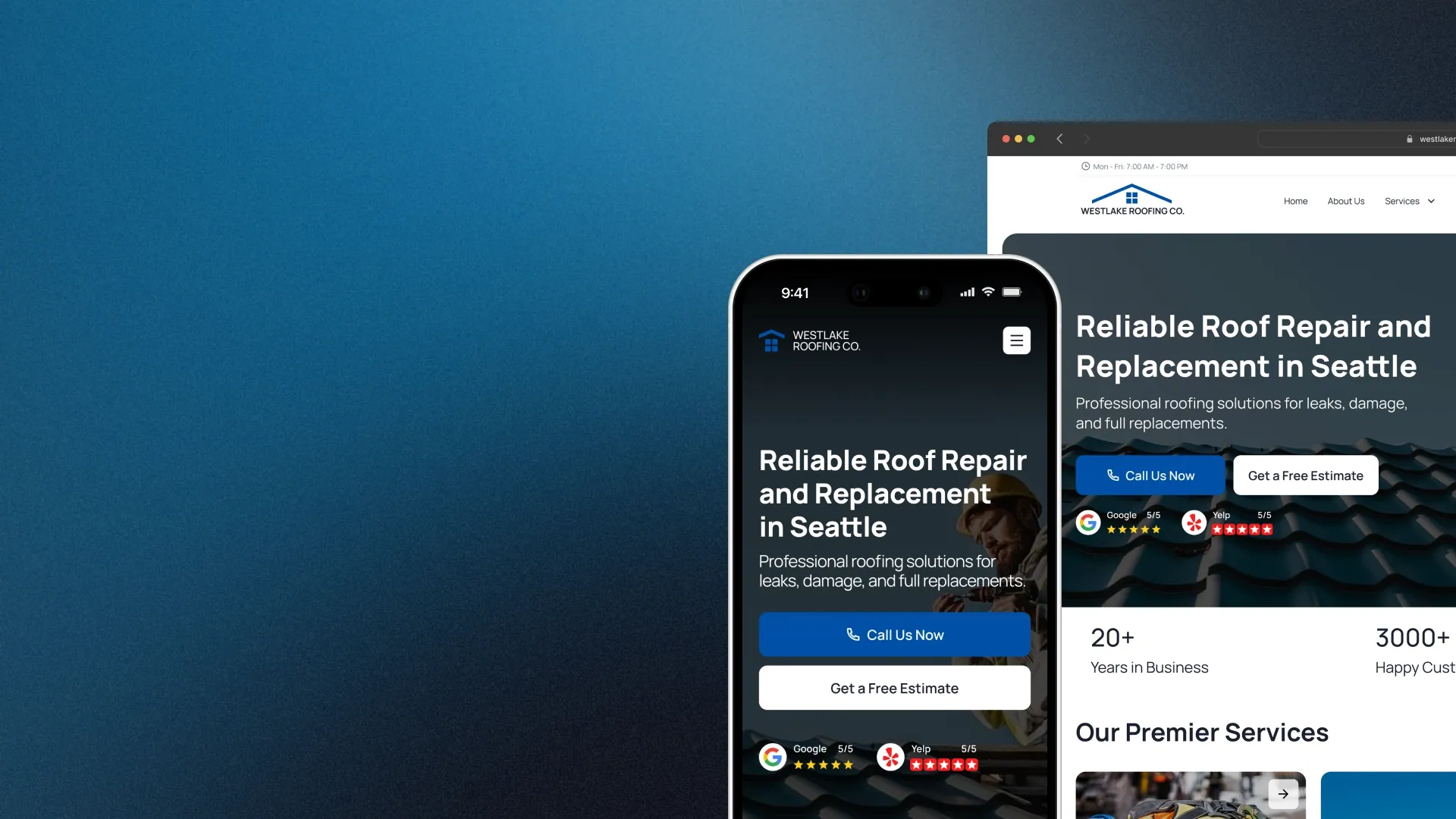 Website homepage for a roofing company showing reliable roof repair and replacement services in Seattle on a smartphone and desktop screen.