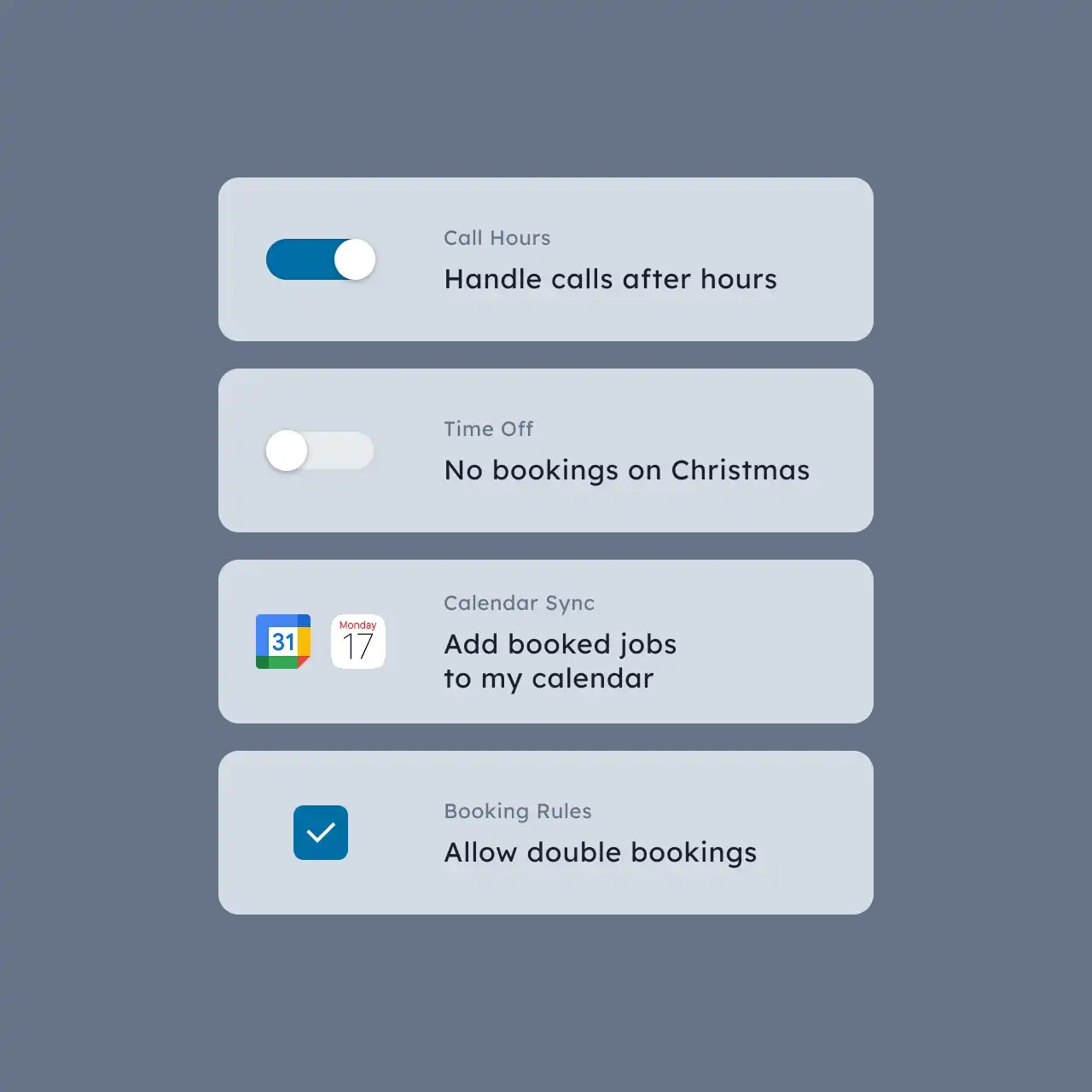 User interface showing toggle settings for handling calls after hours enabled, no bookings on Christmas disabled, calendar sync options, and allowing double bookings checked.