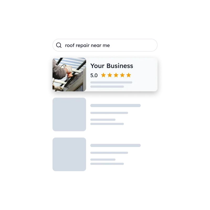Website interface showing a business listing with a 5-star rating and an image of a person working on a structure with a screwdriver.