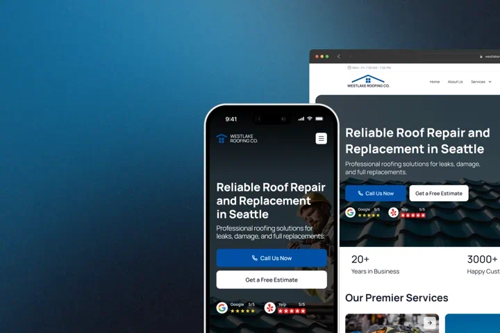 Website and mobile view showing roofing company homepage offering reliable roof repair and replacement in Seattle with call-to-action buttons and service highlights.