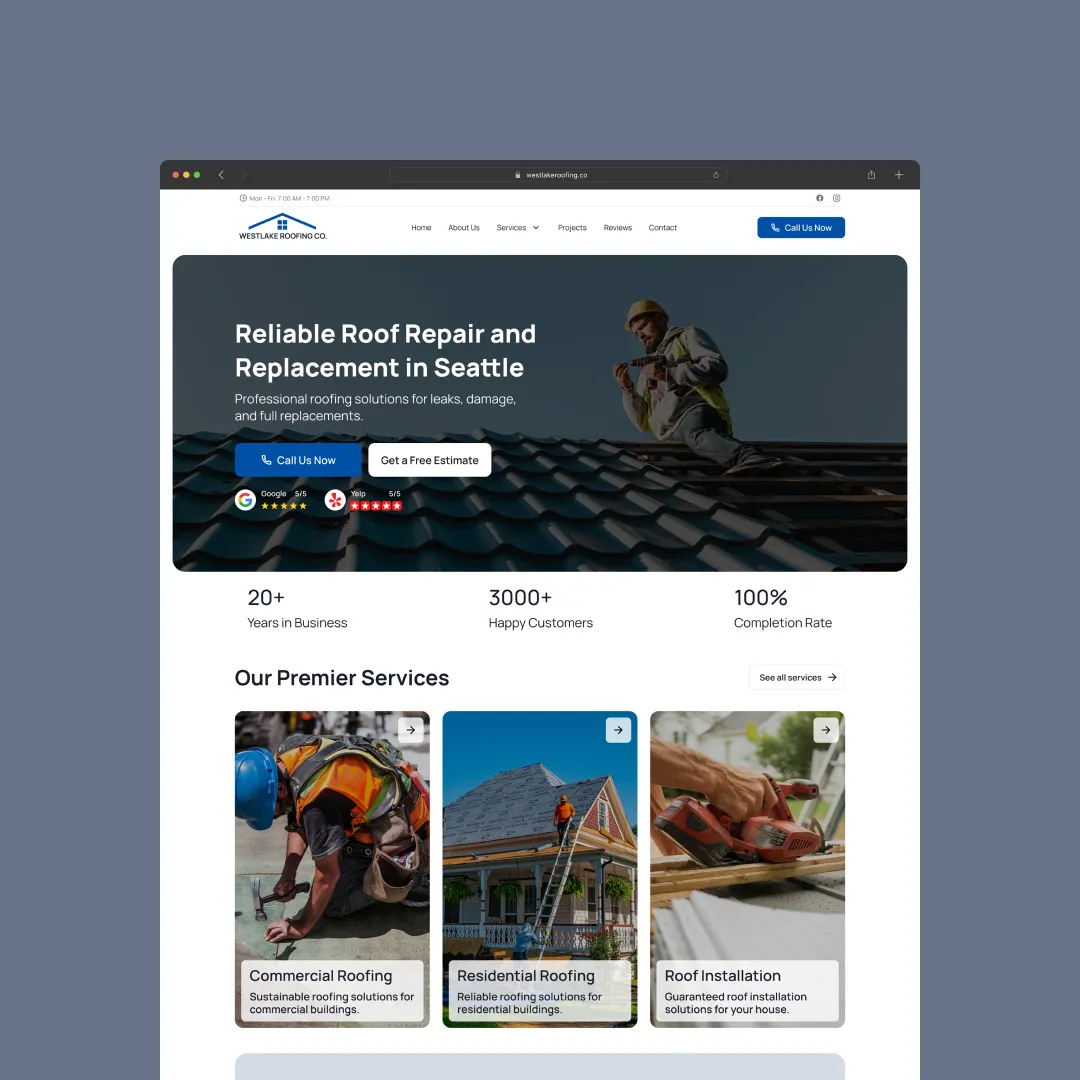Website homepage for roofing company showing a worker on a roof, service offers, and customer ratings.