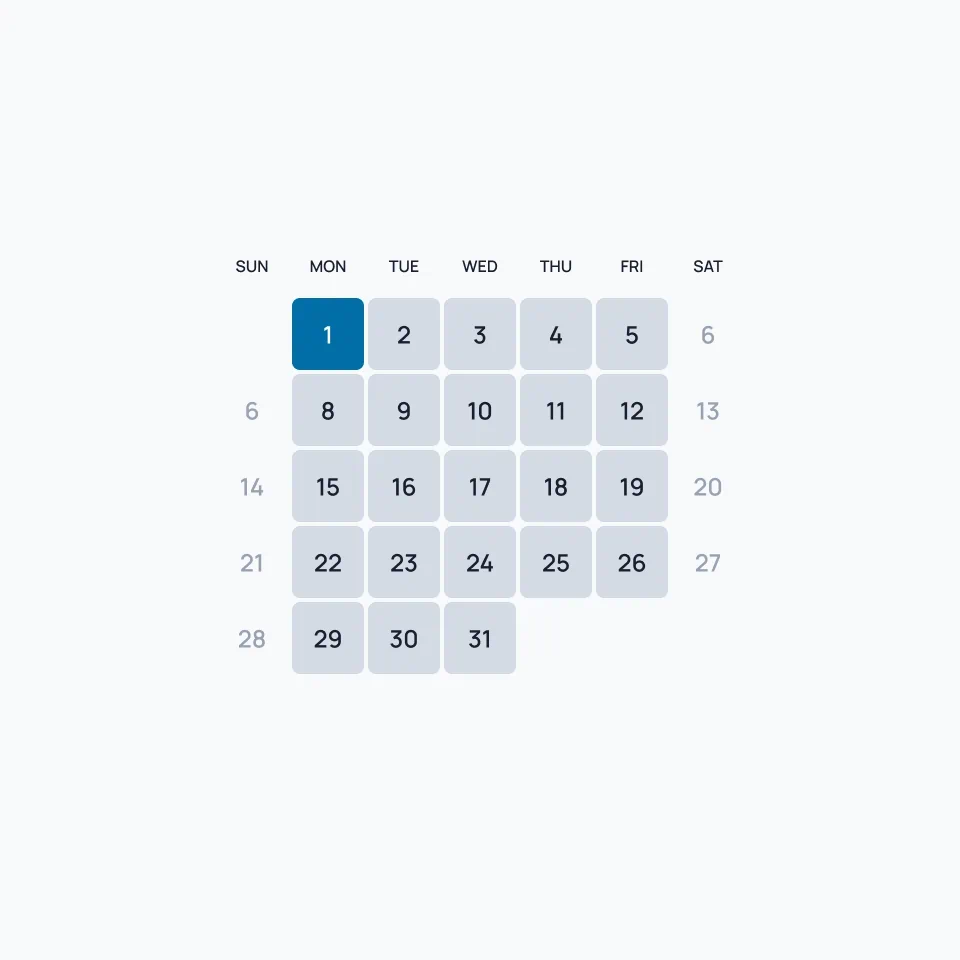 Calendar grid showing a month starting on Monday the 1st, with days arranged from Sunday to Saturday and the 1st highlighted in blue.