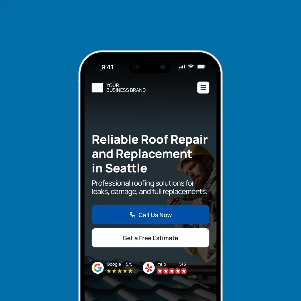 Mobile screen showing roofing service website with headline 'Reliable Roof Repair and Replacement in Seattle' and buttons for calling and getting a free estimate.