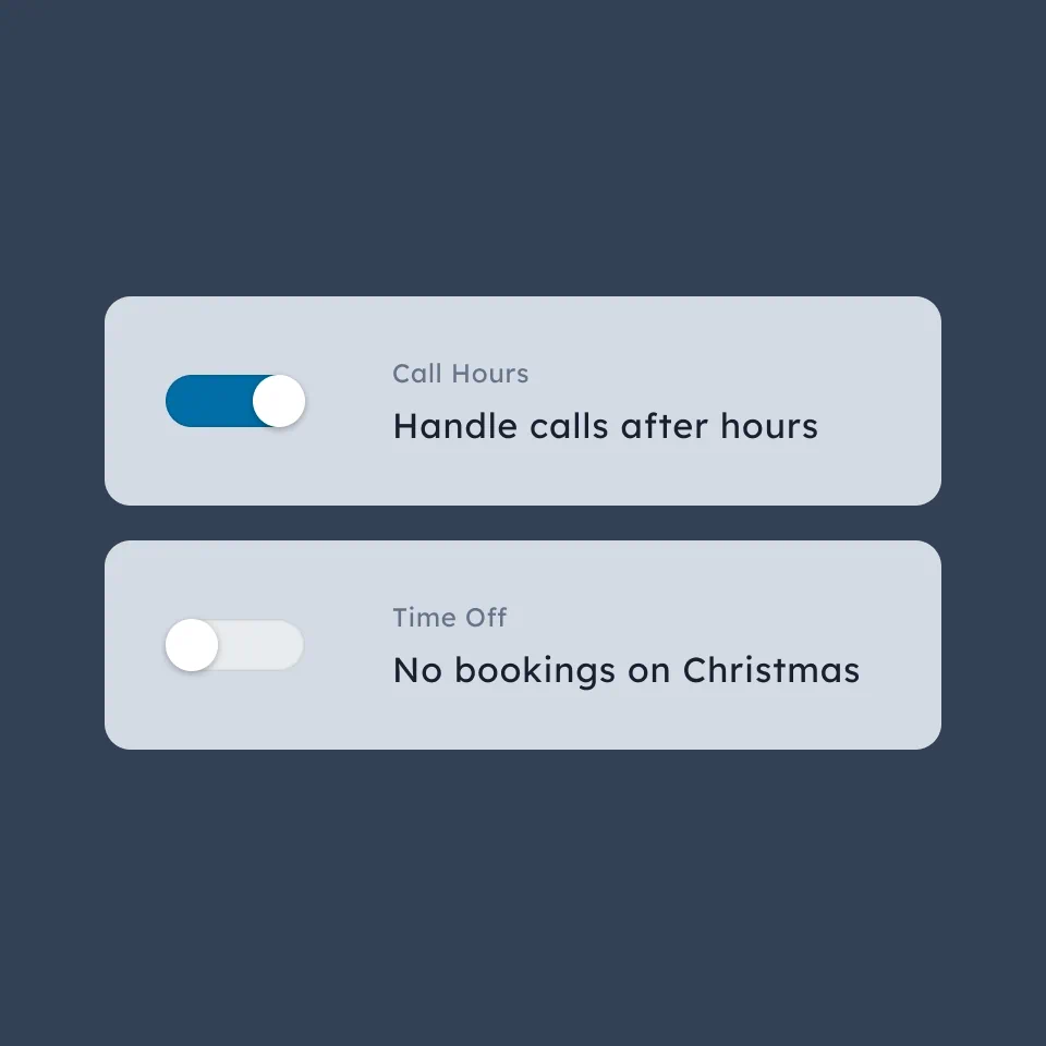 Toggle controls with one enabled for 'Handle calls after hours' under Call Hours and one disabled for 'No bookings on Christmas' under Time Off.
