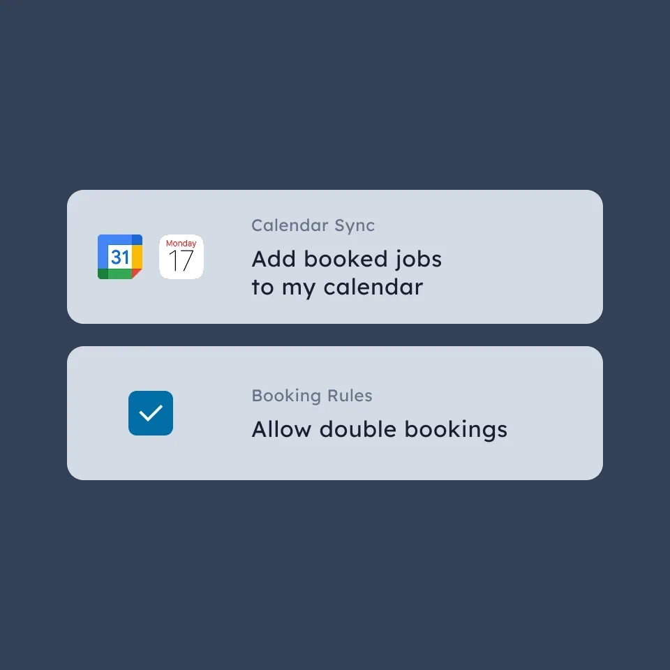 Settings panel showing options to add booked jobs to calendar and allow double bookings with a checked checkbox.