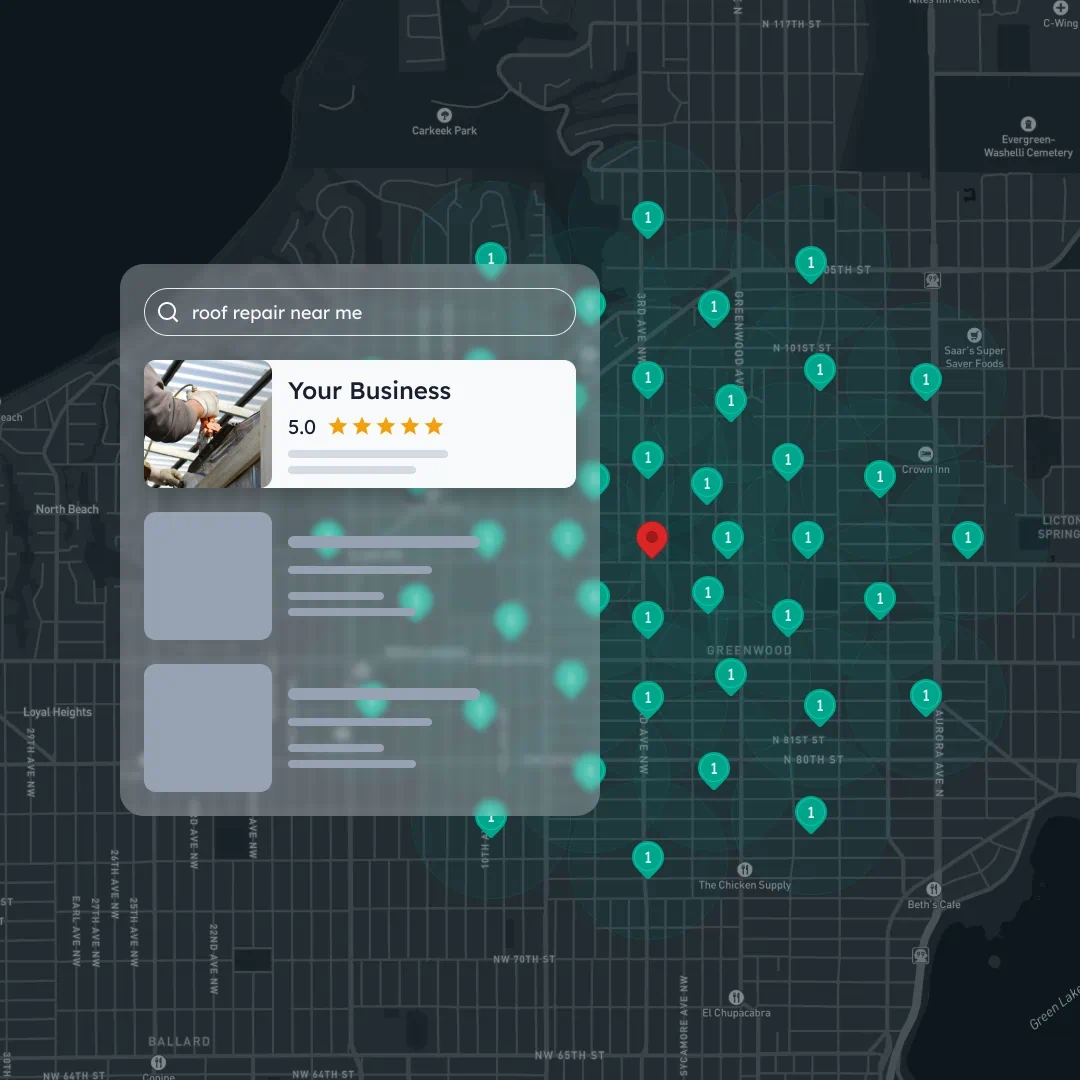 Map with multiple location markers and a search result popup showing a business named 'Your Business' with a 5-star rating for roof repair near me.