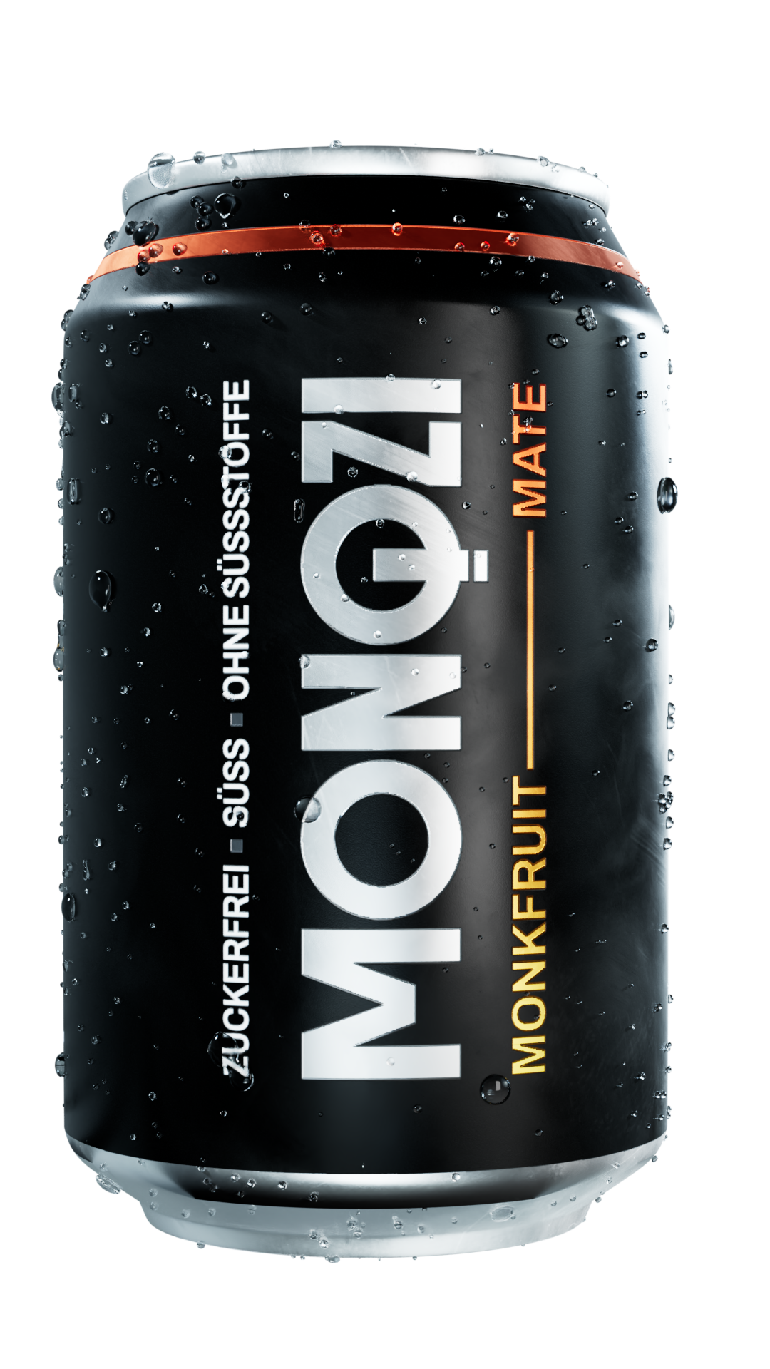 Schwarze MONQZI Mate Dose mit Wassertropfen. Vorderseite. 