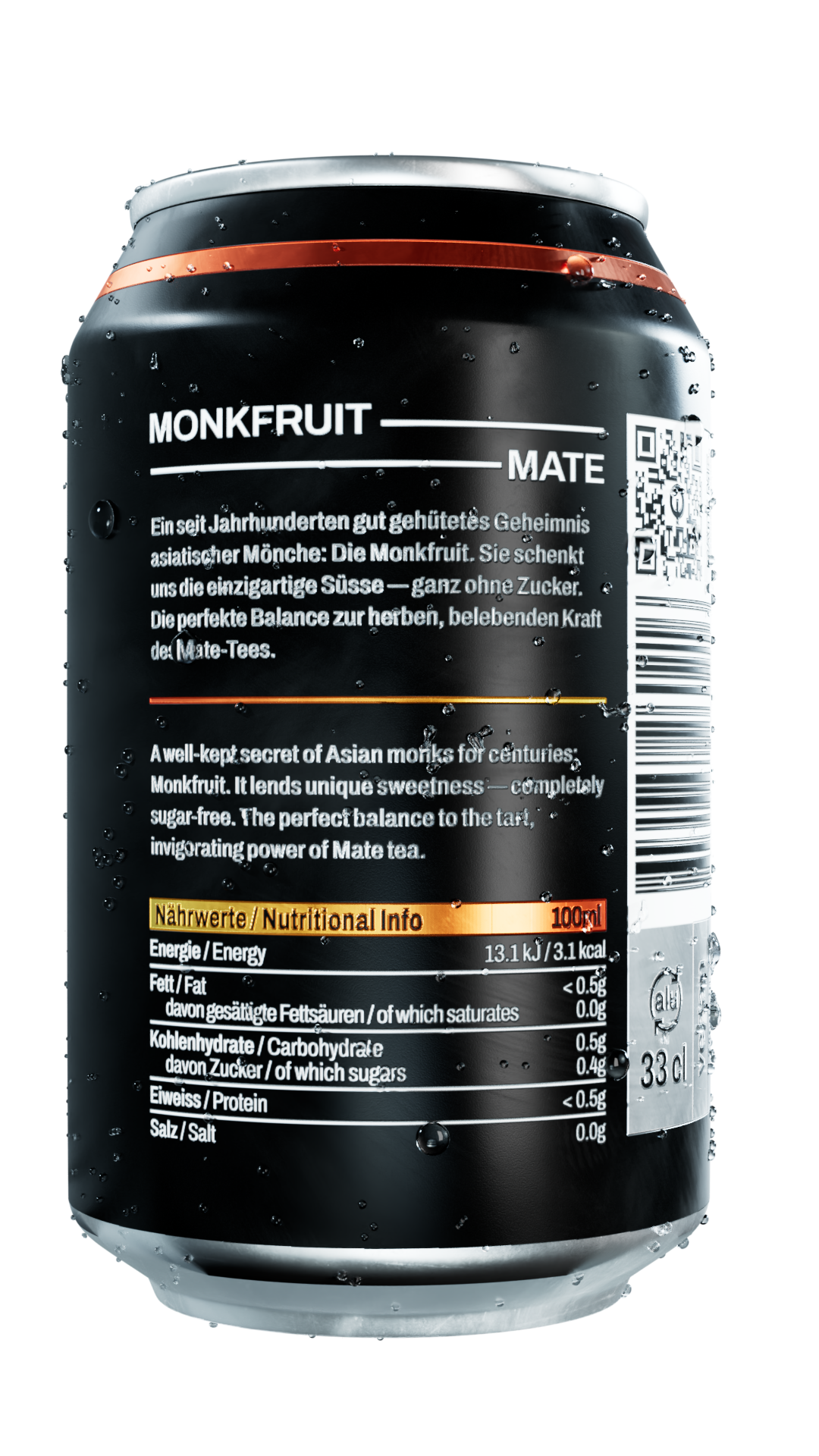 Schwarze MONQZI Mate Dose mit Wassertropfen. Rückseite
