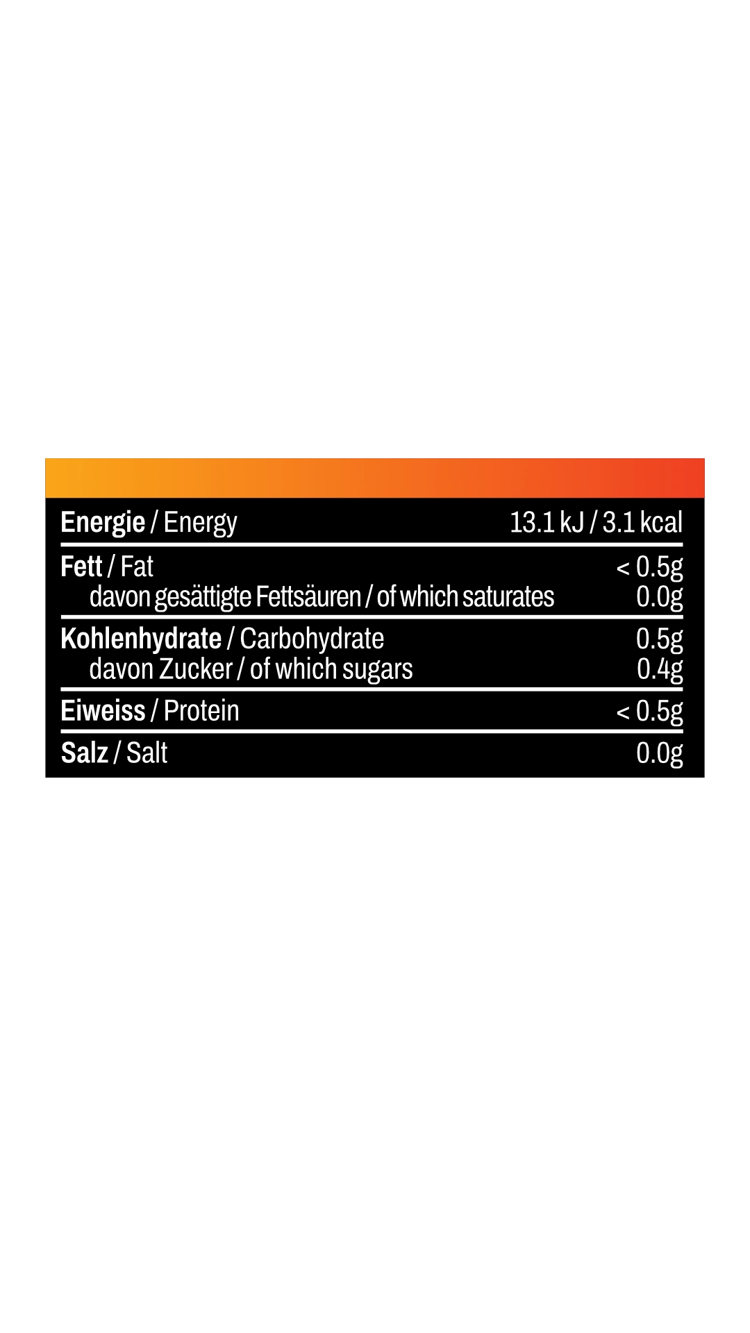Nährwerttabelle MONQZI Mate: Energie 13.1 kJ, Fett <0.5g, Saturiert 0g, Kohlenhydrate 0.5g, Zucker 0.4g, Protein <0.5g, Salz 0g.