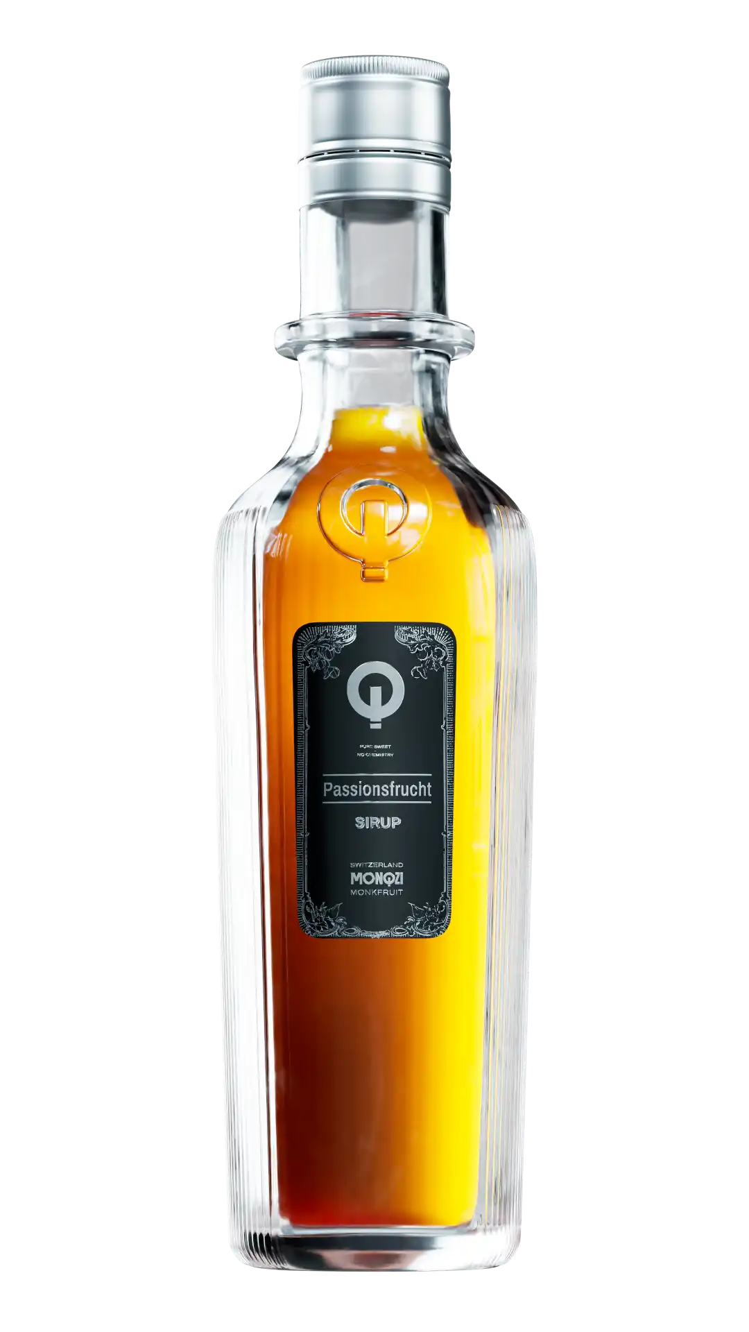 Glasflasche mit goldenem Passionsfruchtsirup, silbernem Verschluss und schwarzem Etikett mit der Aufschrift 'MONQZI Monkfruit'