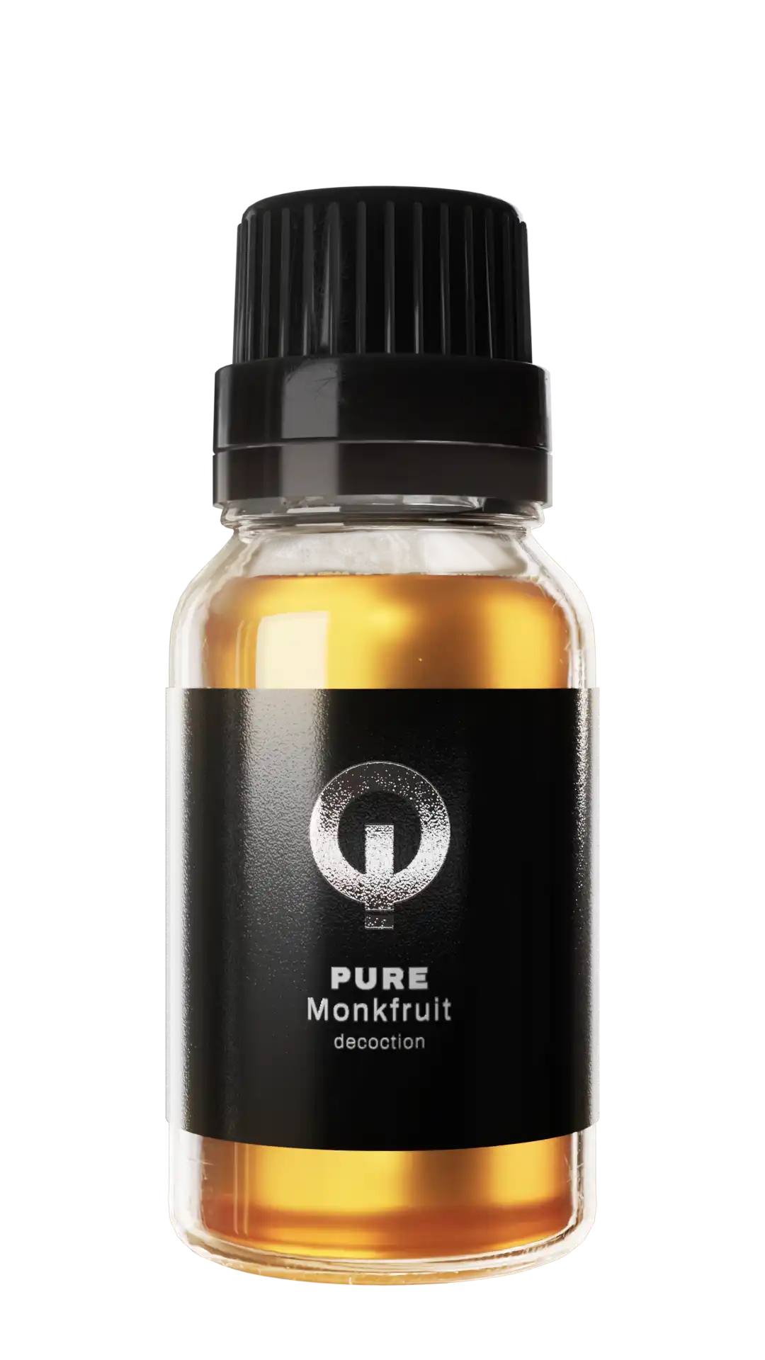 Kleine, durchsichtige Flasche mit schwarzem Deckel, gefüllt mit goldener Flüssigkeit und der Aufschrift 'Pure Monkfruit decoction'.