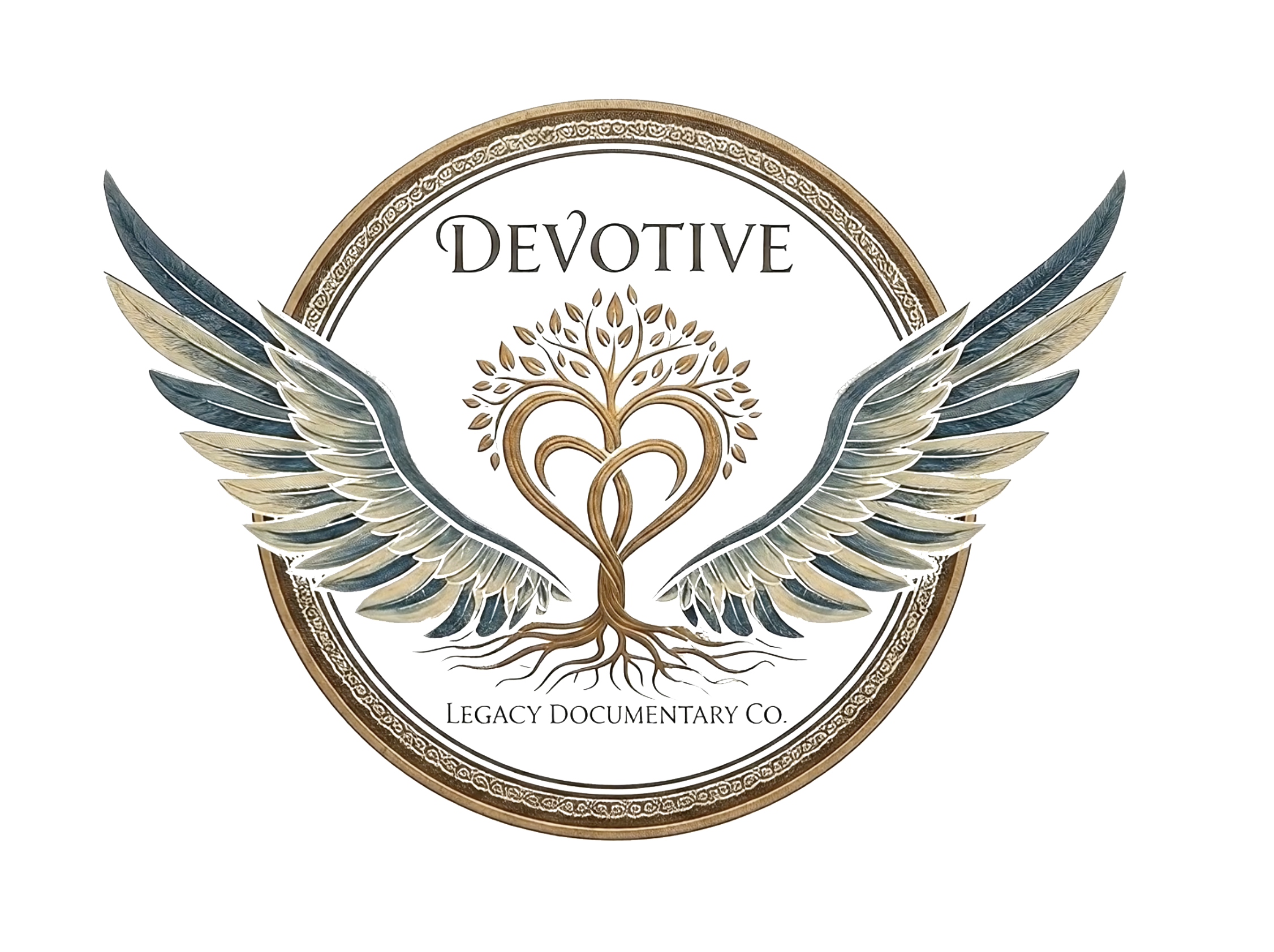 Devotive Liegacy, Family Documentaries & Storytelling Logo and Header. The logo features a tree of life with wings and the words Devotive Legacy Documentary Co. on it. It is a golden brown color the wings are green.