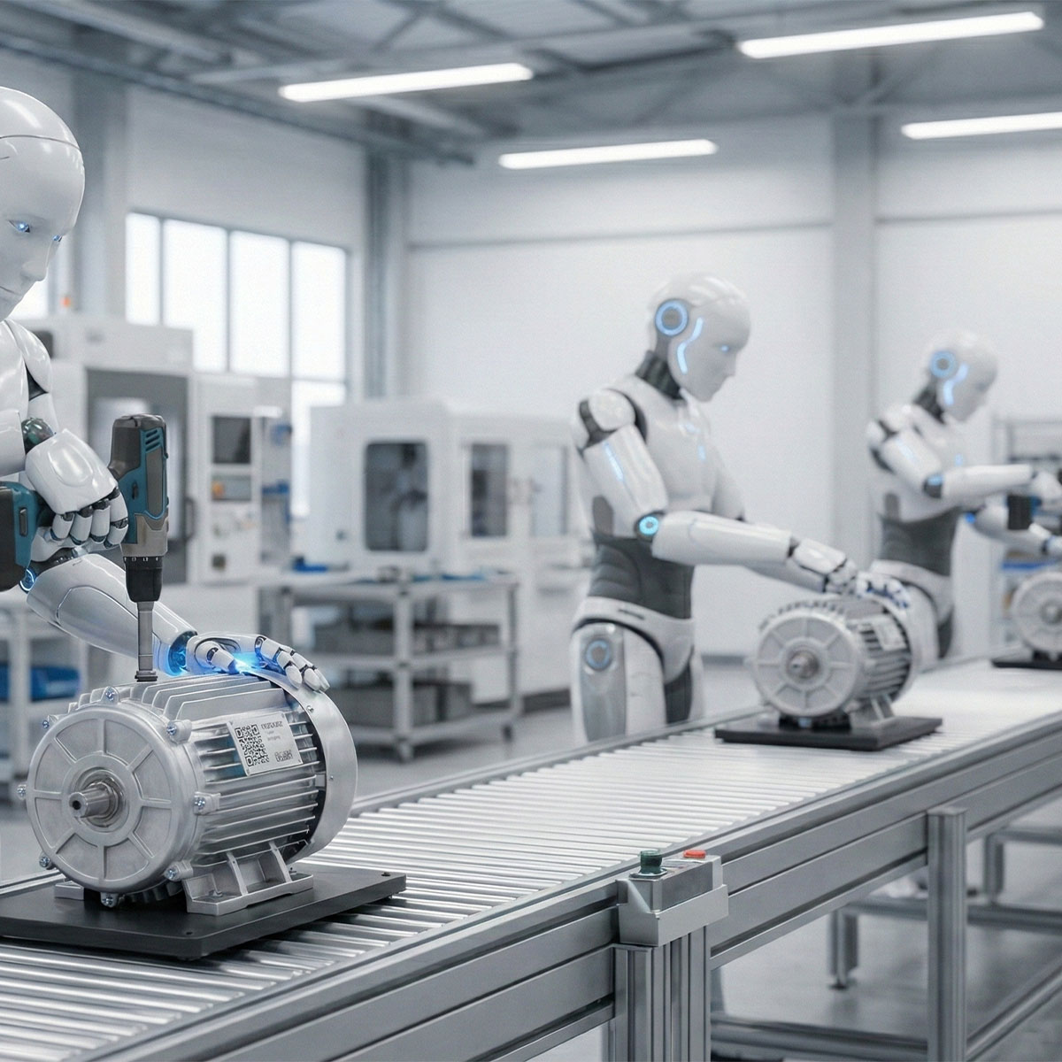 Humanoid robots working an automation line