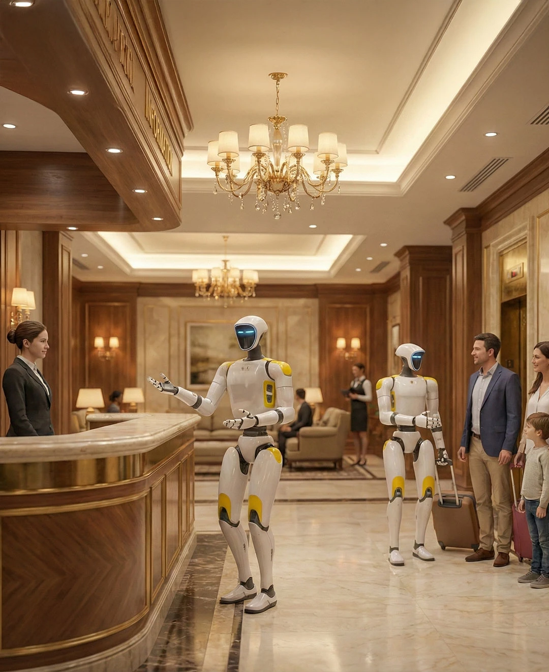 Humanoid robot working at reception of hotel
