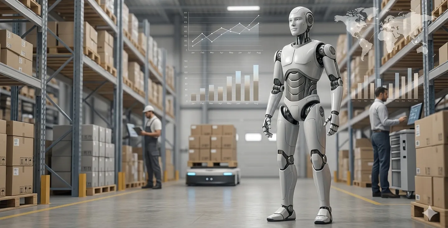 humanoid robot in a real warehouse or factory environment