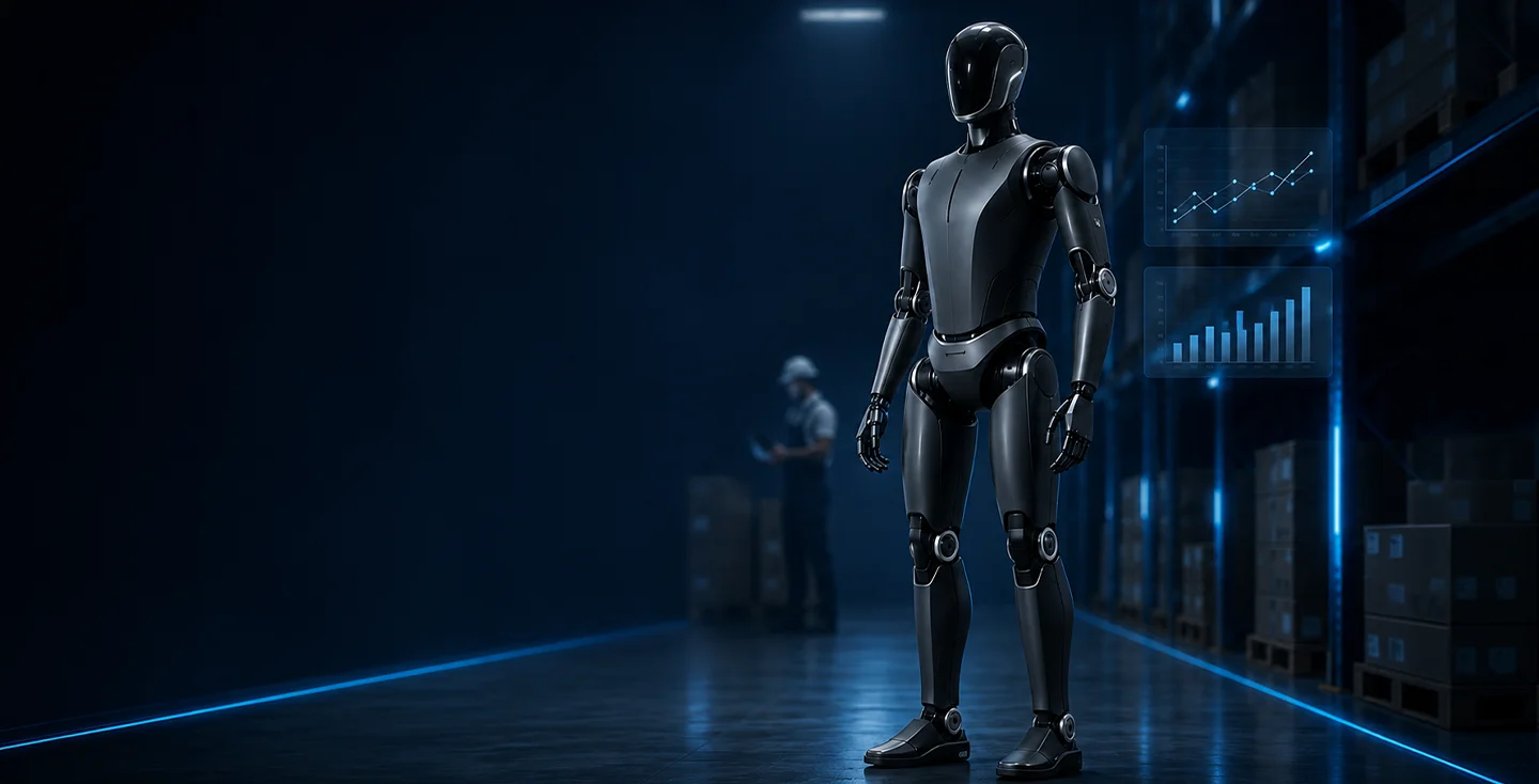humanoid robot in a real warehouse or factory environment