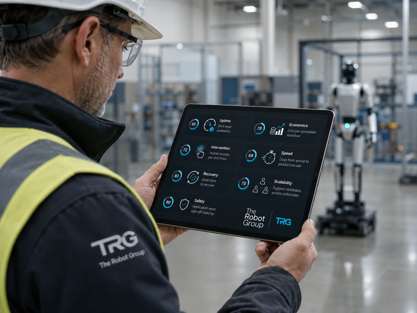Image of operations lead reviewing TRG readiness scorecard on tablet