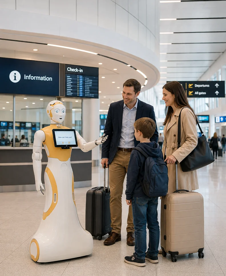 Passengers being helped by Humanoid at Airport