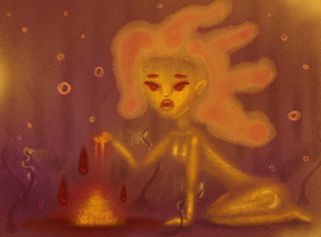 golden girl surrounded by a fire world