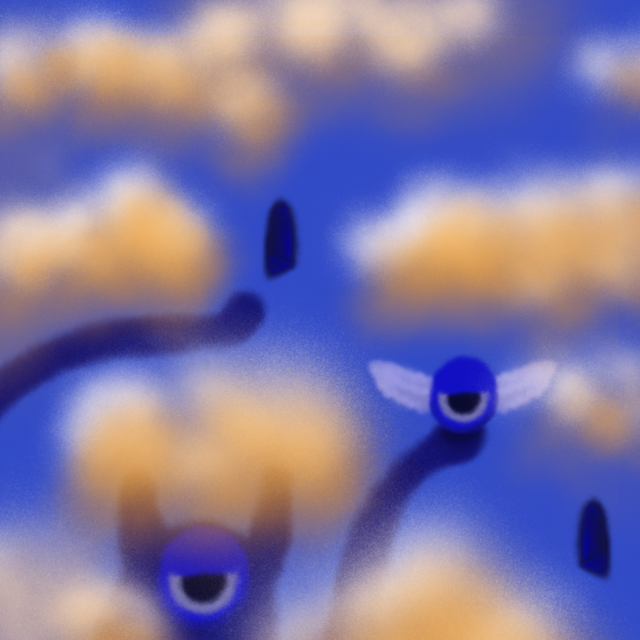 blue eye monster holding a blue eye with wings with a door in the sky